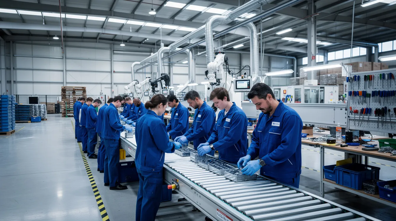 The image shows workers in a large factory wearing blue uniforms and gloves, diligently working along a production line. These employees are part of the job market in Romania, contributing their skills to meet the demands of local companies and support the national employment agency's efforts in providing job opportunities.