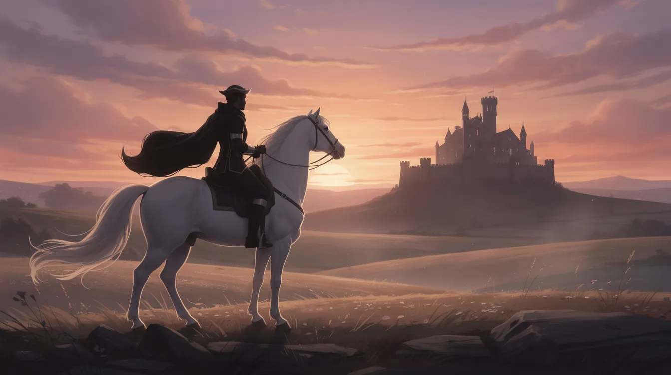 Die Silhouette eines Reiters auf einem weißen Pferd steht majestätisch vor einem atemberaubenden Sonnenuntergang, während im Hintergrund die Konturen einer Burg sichtbar sind. Diese romantische Fantasy-Stimmung erinnert an die märchenhaften Abenteuer aus "Die Braut des Prinzen".