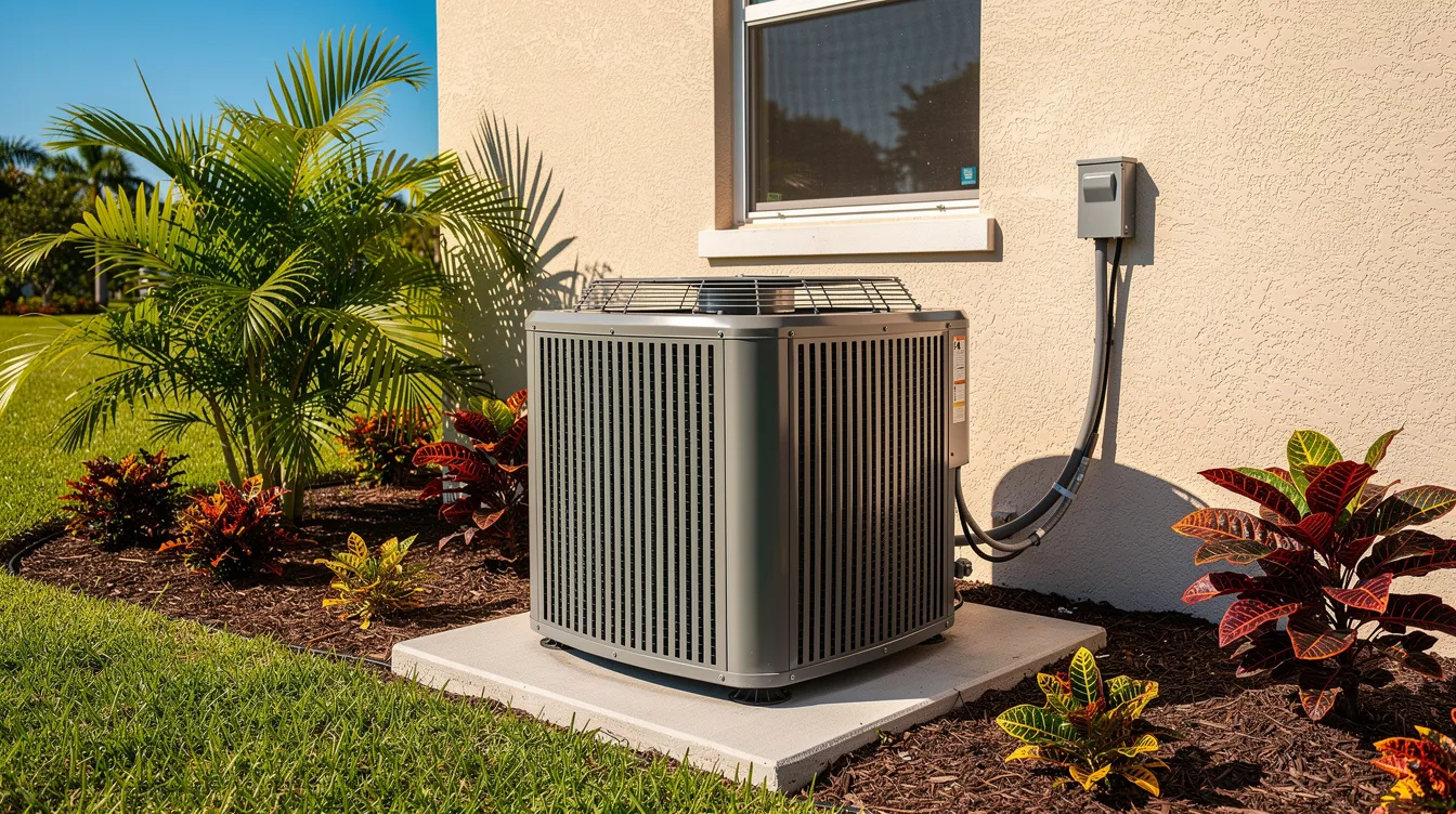 The image shows an outdoor air conditioning condenser unit installed on a concrete pad next to a stucco home in Florida, surrounded by tropical landscaping. This efficient AC unit is part of a system designed to keep homes comfortable in the warm South Florida climate.