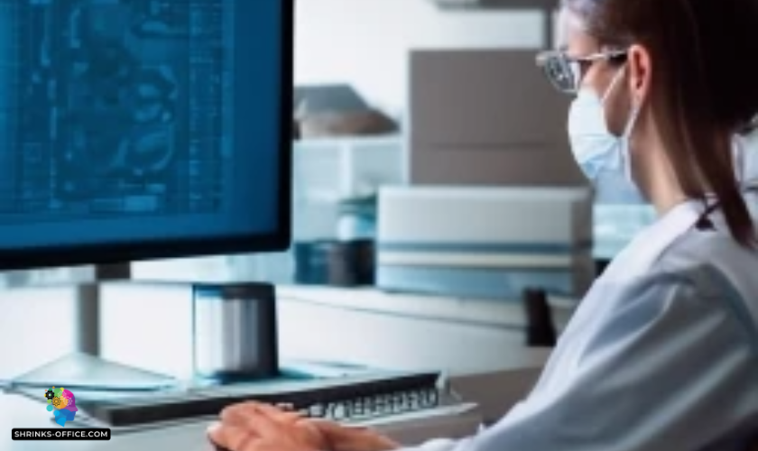 A psychiatrist taking notes on her computer 