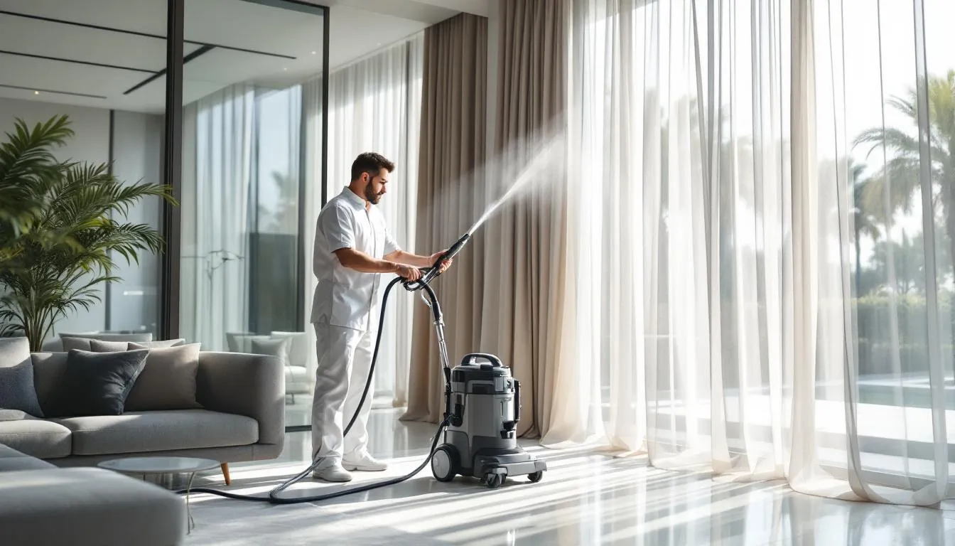 An on-site curtain cleaning service in action, demonstrating professional curtain cleaning techniques.
