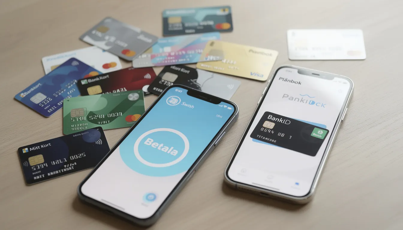 Bildbeskrivning: På ett bord ligger olika betalkort och betalningsappar, inklusive ett visa kort, vilket visar på alternativ för insättningar och uttag hos online casinon. I bakgrunden syns en mobiltelefon som representerar digitala betalningsmetoder som Swish och Trustly.
