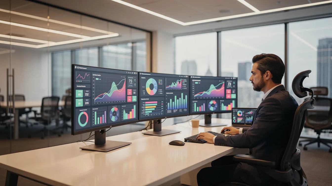 La imagen muestra a un profesional en una oficina moderna, analizando con atención visualizaciones de datos y gráficos que se muestran en varios monitores de gran tamaño. Este entorno refleja el énfasis en las estrategias eficaces de posicionamiento de marca y en el análisis de mercado, elementos esenciales para comprender a los públicos objetivo y potenciar el reconocimiento de marca.