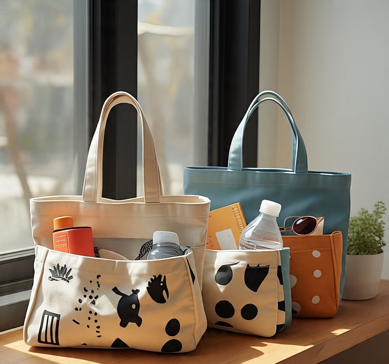 A picture showing tote bags in different sizes, each holding items like a water bottle, books, and sunglasses.