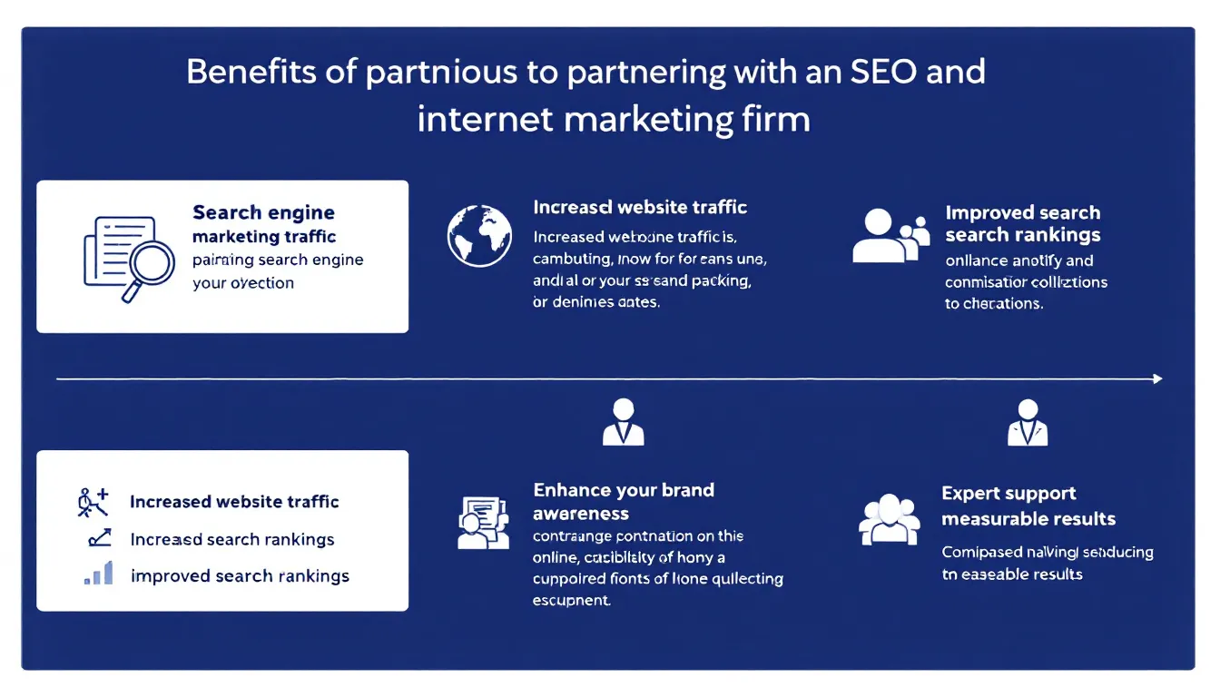 An informative graphic illustrating the benefits of partnering with an SEO and internet marketing firm, highlighting aspects such as increased online visibility, improved search engine rankings, and tailored SEO strategies for business growth. The image features keywords like "digital marketing," "organic traffic," and "SEO services" to emphasize the advantages of effective online marketing partnerships.