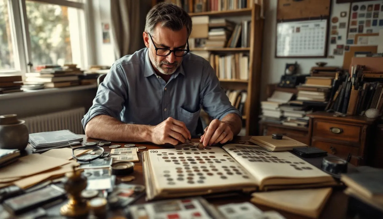 The image depicts a collector carefully organizing a collection of vintage coins and stamps for exchange, showcasing their attention to detail and passion for preserving history. Various coins and stamps are neatly arranged on a table, indicating the quality and condition of each item as they prepare for potential trades.
