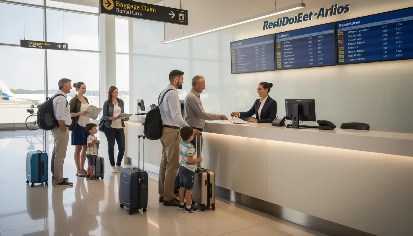 Un comptoir de location de voitures à l'aéroport, où des clients discutent avec un agent de location, entourés d'affichages sur les offres de véhicules en Irlande. L'ambiance est dynamique, reflétant l'excitation d'un road trip à travers des paysages irlandais.