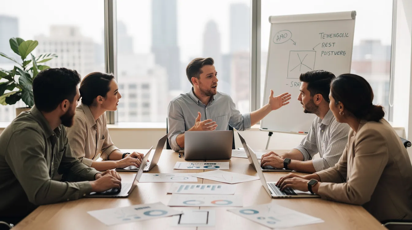 The image depicts a small business team engaged in a strategy discussion around a conference table, focusing on their marketing strategy and business goals. They are collaborating to enhance their marketing efforts and explore effective marketing strategies that align with their target audience and drive sustainable growth.