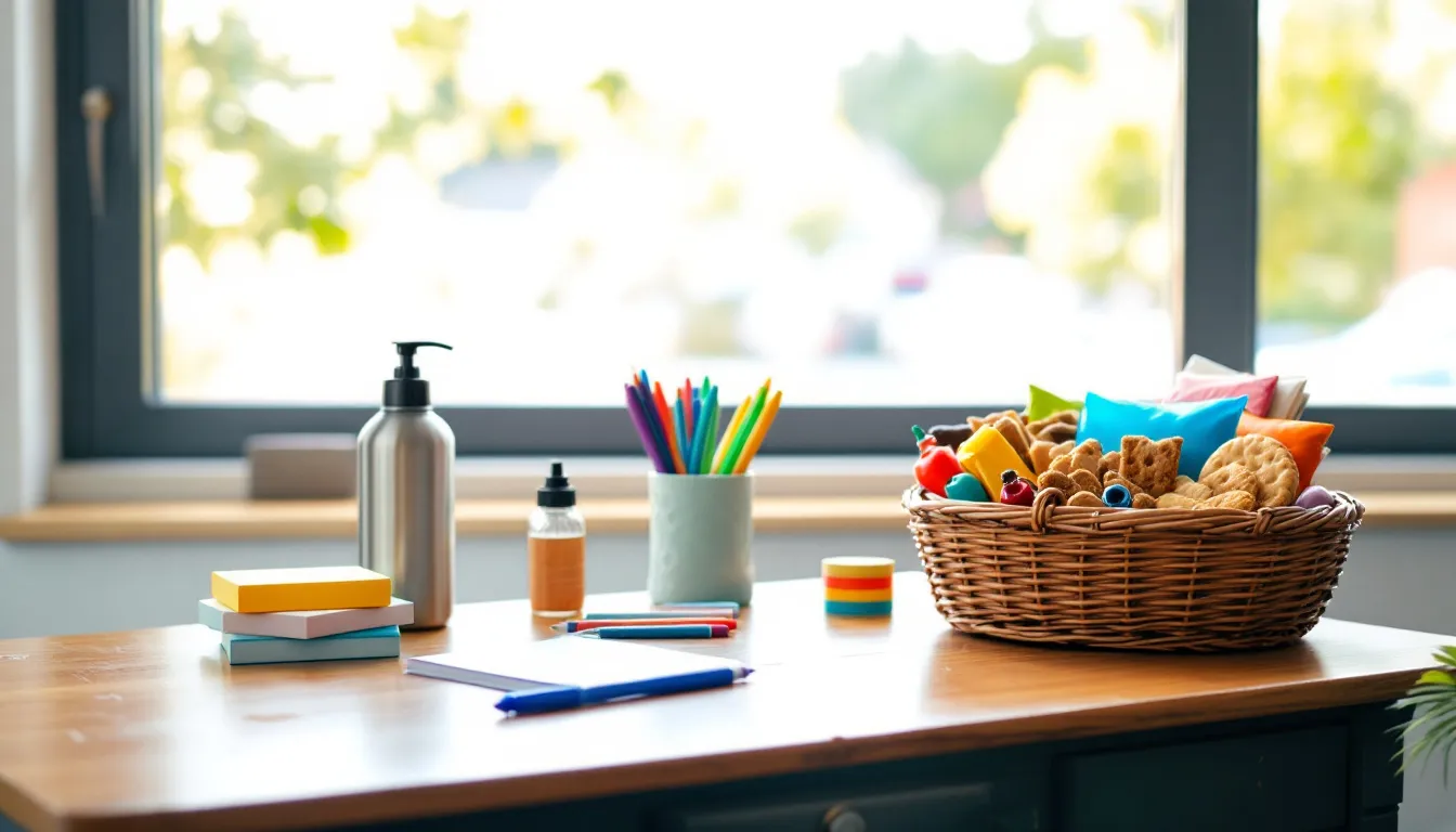 A cozy teacher's desk is adorned with practical gifts including hand sanitizer, sticky notes, a travel tumbler, pens, and a snack basket, all illuminated by light streaming through a classroom window, creating a warm and welcoming atmosphere perfect for teacher appreciation week.