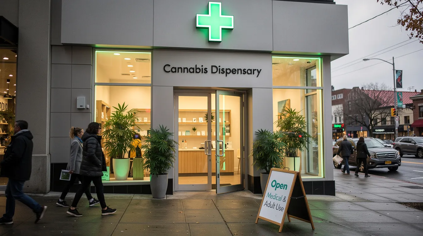The image depicts a modern cannabis dispensary storefront featuring a prominent green cross sign and a welcoming entrance, inviting medical cannabis patients and recreational users alike. This licensed dispensary in New Mexico serves as a hub for purchasing cannabis products, reflecting the legal status and regulations surrounding medical marijuana and recreational cannabis in the state.