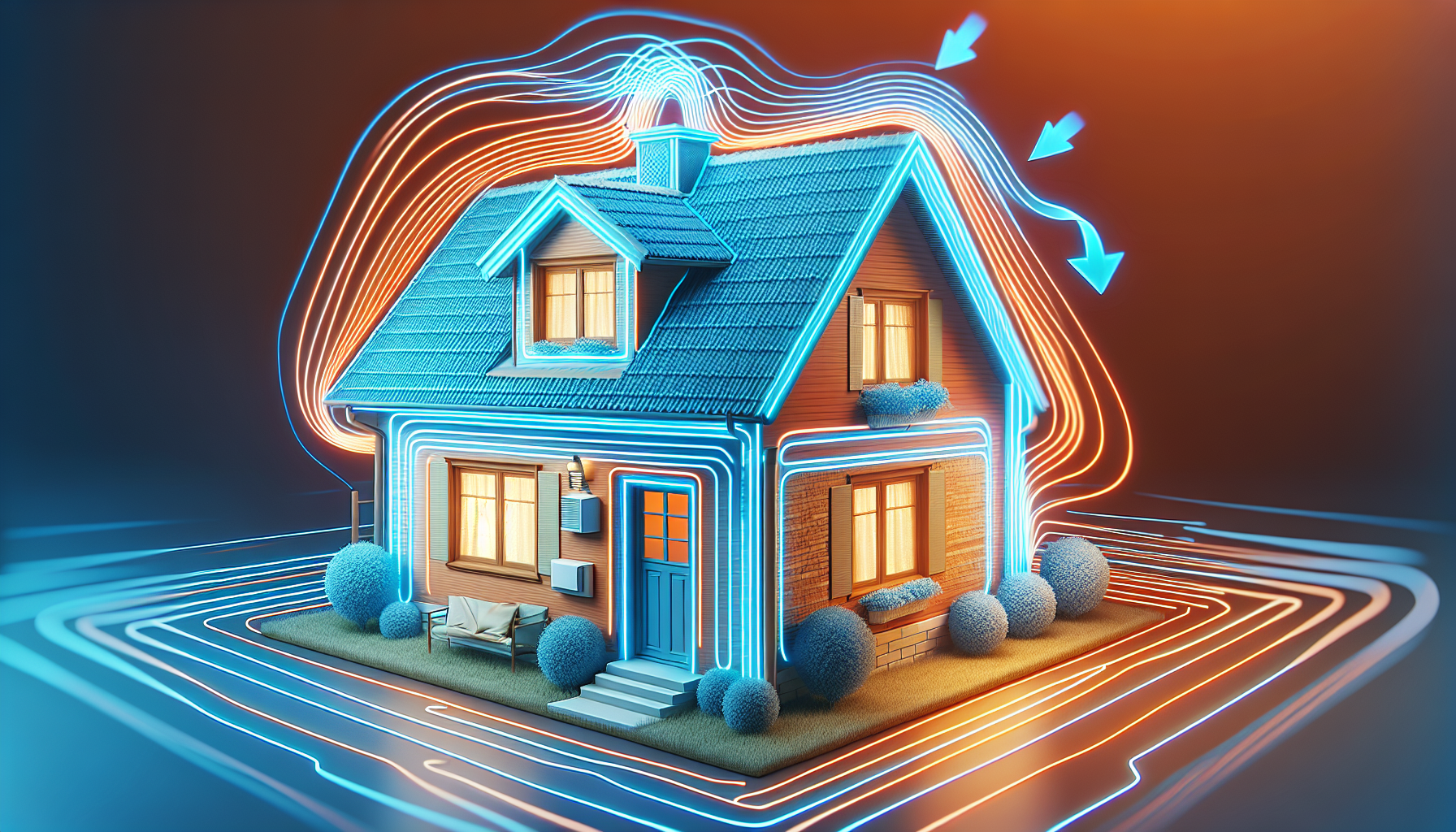 Illustration of a house with air flow lines indicating air leakage