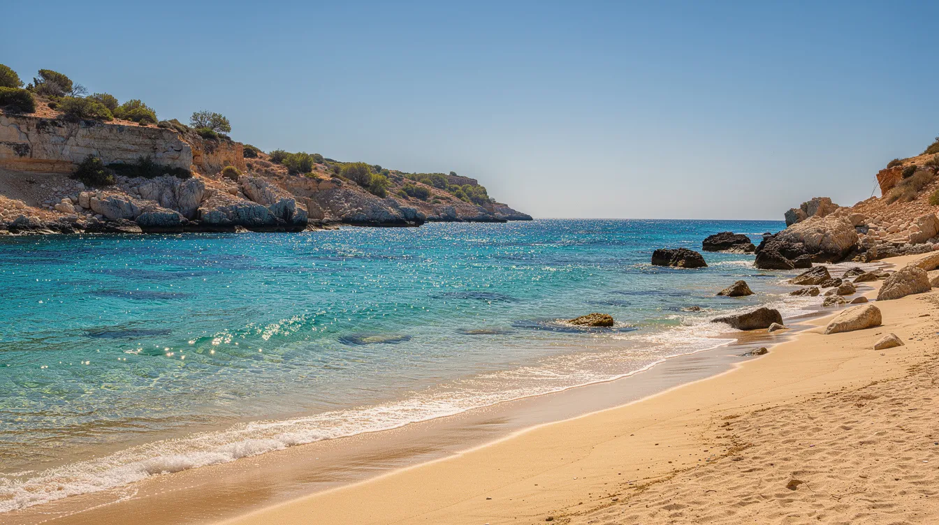 A stunning Mediterranean beach coastline stretches across the image, featuring clear blue water gently lapping against sun-drenched sands. This picturesque scene captures the essence of the laid-back lifestyle and rich culture found in southern Spain, inviting viewers to experience its beautiful coastline and vibrant Spanish life.