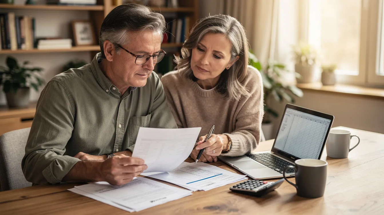 A mature couple sits together at a dining table, reviewing various financial documents related to their retirement savings and investment strategies. They appear focused and engaged as they discuss their retirement plan options, including defined contribution plans and mutual funds, to ensure a secure financial future.