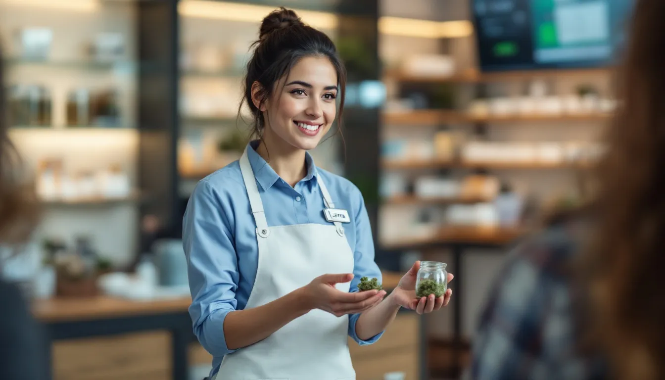 How to Work at a Dispensary: Weed Jobs, Pay & Careers 1 A cheerful female budtender assists a patient in a dispensary, showcasing her knowledge of medical cannabis products while providing personalized care and support. The atmosphere reflects a commitment to health and community connection within the cannabis industry.