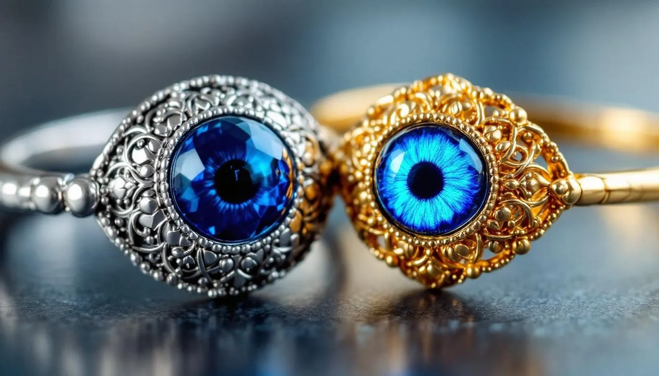 The image showcases a collection of evil eye bracelets crafted from sterling silver and gold, highlighting their elegance and beauty. These pieces serve as a perfect accessory for women, symbolizing protection against bad luck while adding style to any outfit.