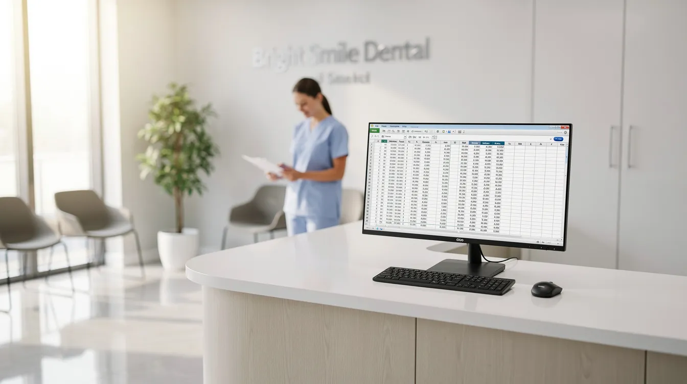 The image shows a modern dental office reception desk with a sleek design, featuring a computer monitor displaying detailed spreadsheet data related to dental billing and insurance claims. This setup emphasizes the advanced technology and professional environment aimed at efficiently managing patient records and billing processes.