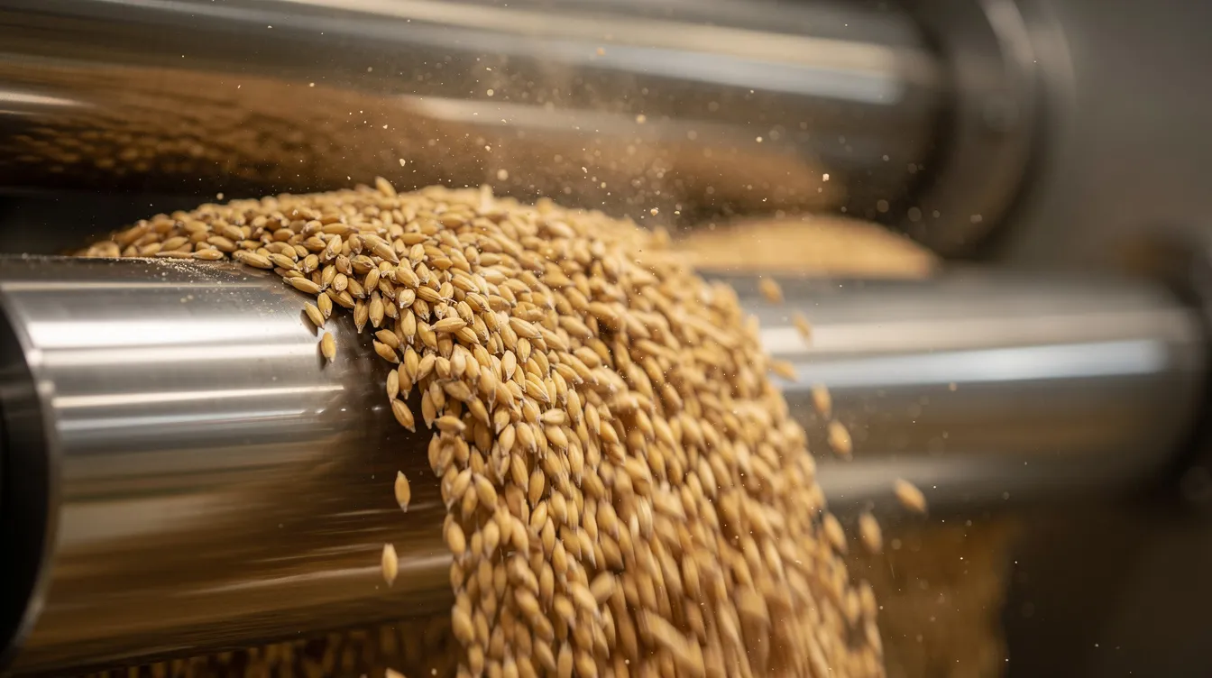 10115bb4 63a0 456b 825d e933e1254865 A close-up view captures golden wheat grains flowing smoothly through industrial milling rollers in a flour mill, highlighting the intricate process of flour extraction essential for producing high-quality wheat flour. This scene represents the milling capacity and manufacturing process within the flour mill industry, showcasing the machinery used to transform raw materials into final products like atta and maida.