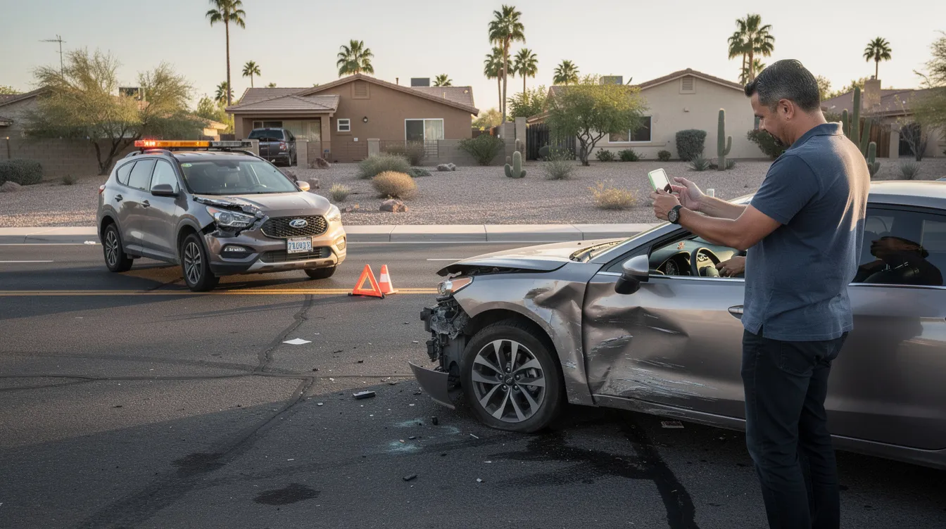 The image depicts a driver in suburban Phoenix documenting a car accident scene with a smartphone, capturing the damage to vehicles and the surrounding road conditions. The scene includes damaged cars with hazard lights activated, palm trees in the background, and emphasizes the importance of seeking legal representation, such as a Phoenix car accident lawyer, for navigating insurance claims and potential medical costs after a car accident.