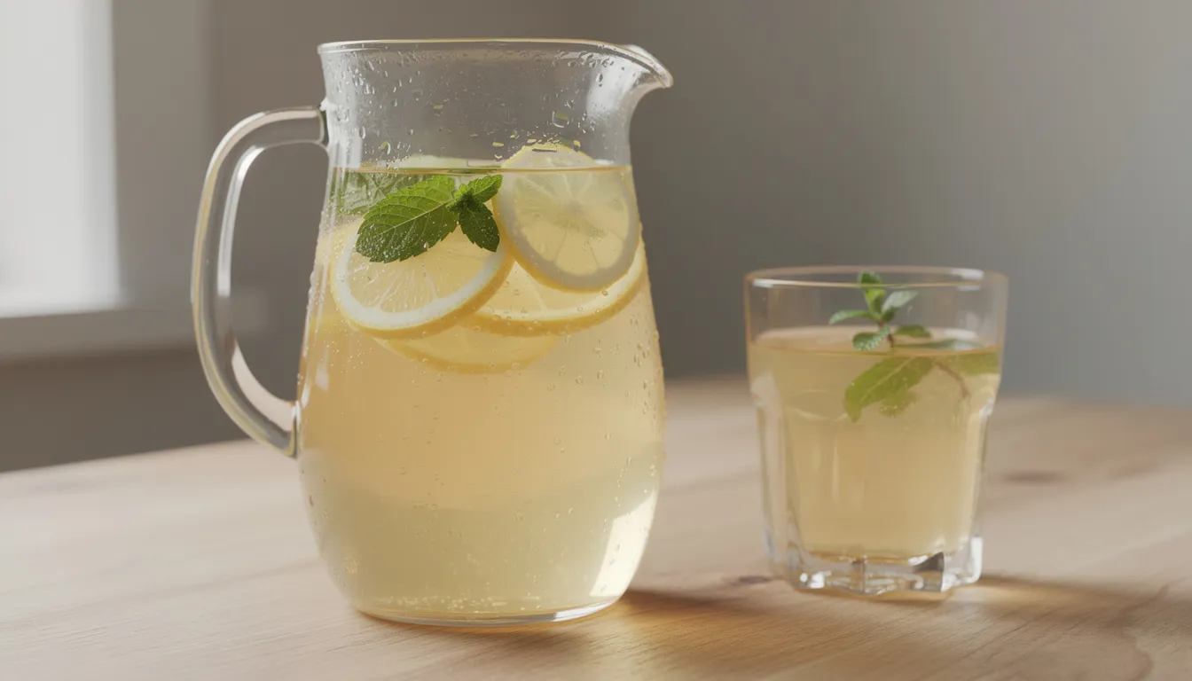 A pitcher of chilled honey water, infused with fresh mint leaves, sits invitingly next to a glass, reflecting the soothing benefits of this refreshing drink. This sweet water, made by adding honey, offers a delightful way to hydrate and enjoy the health benefits of natural ingredients during the warm summer mornings.