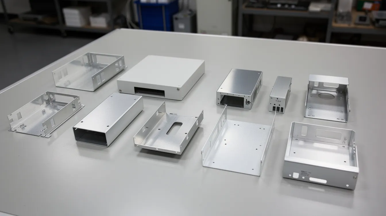 The image showcases a variety of finished sheet metal products, including enclosures, brackets, and chassis, neatly arranged on a factory inspection table, highlighting the results of precision sheet metal fabrication. This display emphasizes the quality control and advanced manufacturing capabilities of custom sheet metal fabrication services.