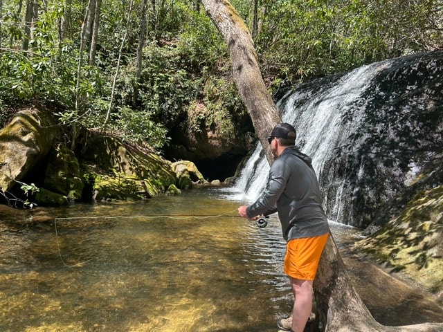 Fisherman at Frolictown Falls in Panthertown Valley