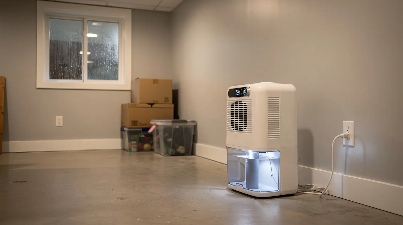 A portable dehumidifier is operating in a dimly lit basement room, helping to reduce indoor humidity levels and prevent mold growth. This device is essential in combating health risks associated with mold exposure, including respiratory symptoms and allergic reactions.