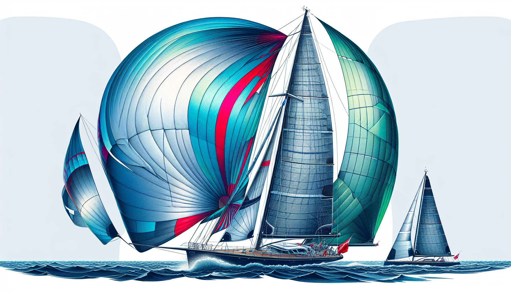 Illustration eines Segelboots mit zusätzlichen Segeln wie Spinnaker, Gennaker und Code Zero