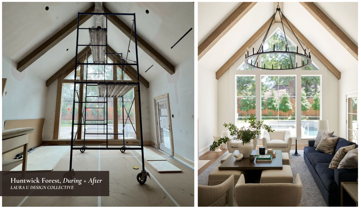 Before and after renovation of a vaulted living room with exposed beams, large windows, and custom furnishings arranged around a central seating area.