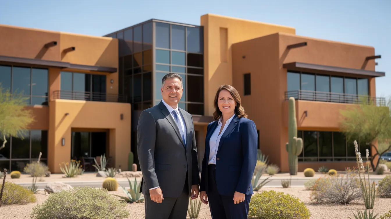 The image features two attorneys in professional business attire, confidently standing in front of a modern office building characterized by southwestern architecture. They represent a legal team focused on handling insurance bad faith claims and coverage disputes in New Mexico, emphasizing their commitment to fair dealing and protecting clients' rights.