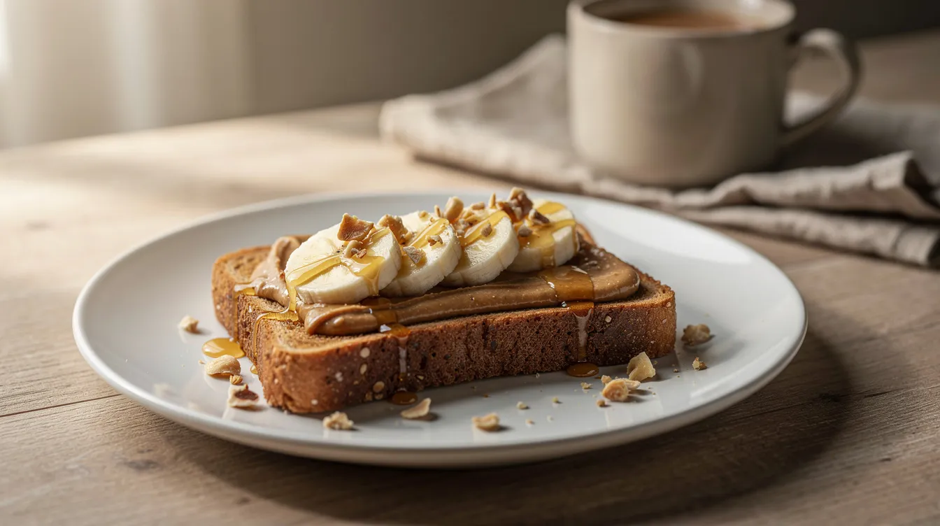 A breakfast plate features a slice of toast generously topped with creamy nut butter and fresh banana slices, highlighting a delicious and healthy start to the day. This nutritious combination offers a rich source of healthy fats and protein, perfect for those following specific dietary restrictions or seeking to enjoy low oxalate foods.