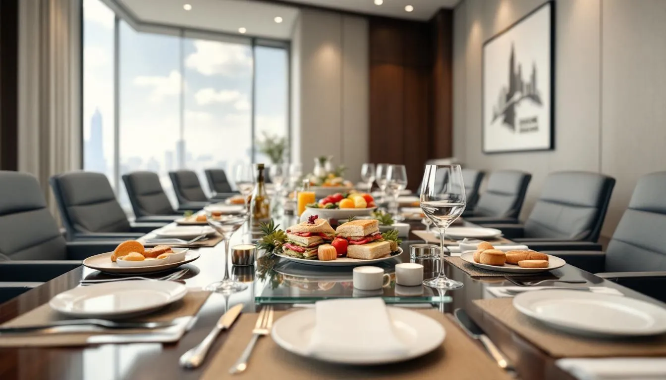 The image depicts a professional corporate meeting room featuring an elegant catered lunch setup, complete with a variety of quality food options such as sandwiches, salads, and drinks, all presented beautifully for the guests. This corporate event menu is designed to cater to the dietary requirements of the attendees, ensuring a delightful dining experience during the meeting.