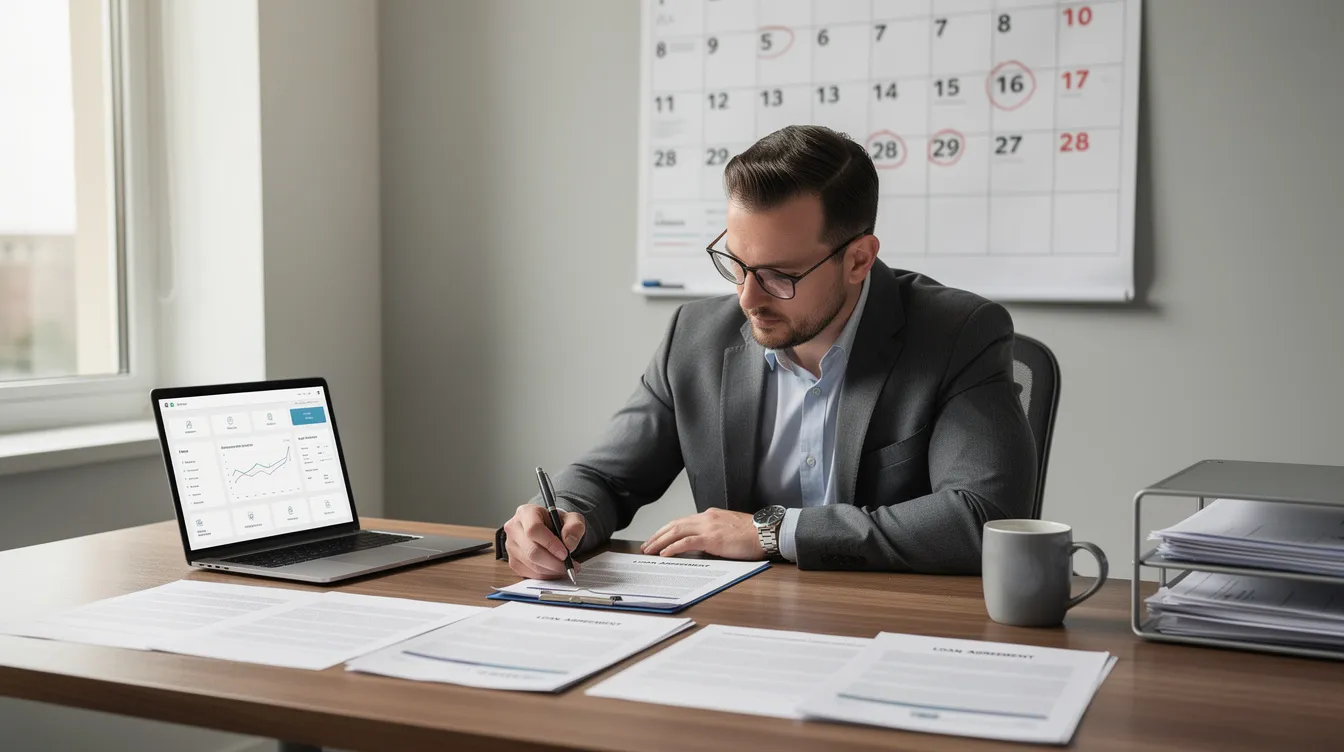 101e2de7 0c87 4f0e 86fa 39ca46568701 A focused entrepreneur is seated at a desk, reviewing loan documents with a calendar in the background, likely considering options for a mudra loan or other financial assistance to support their small business. The scene emphasizes the importance of understanding the loan process and the necessary documents required for securing funding.