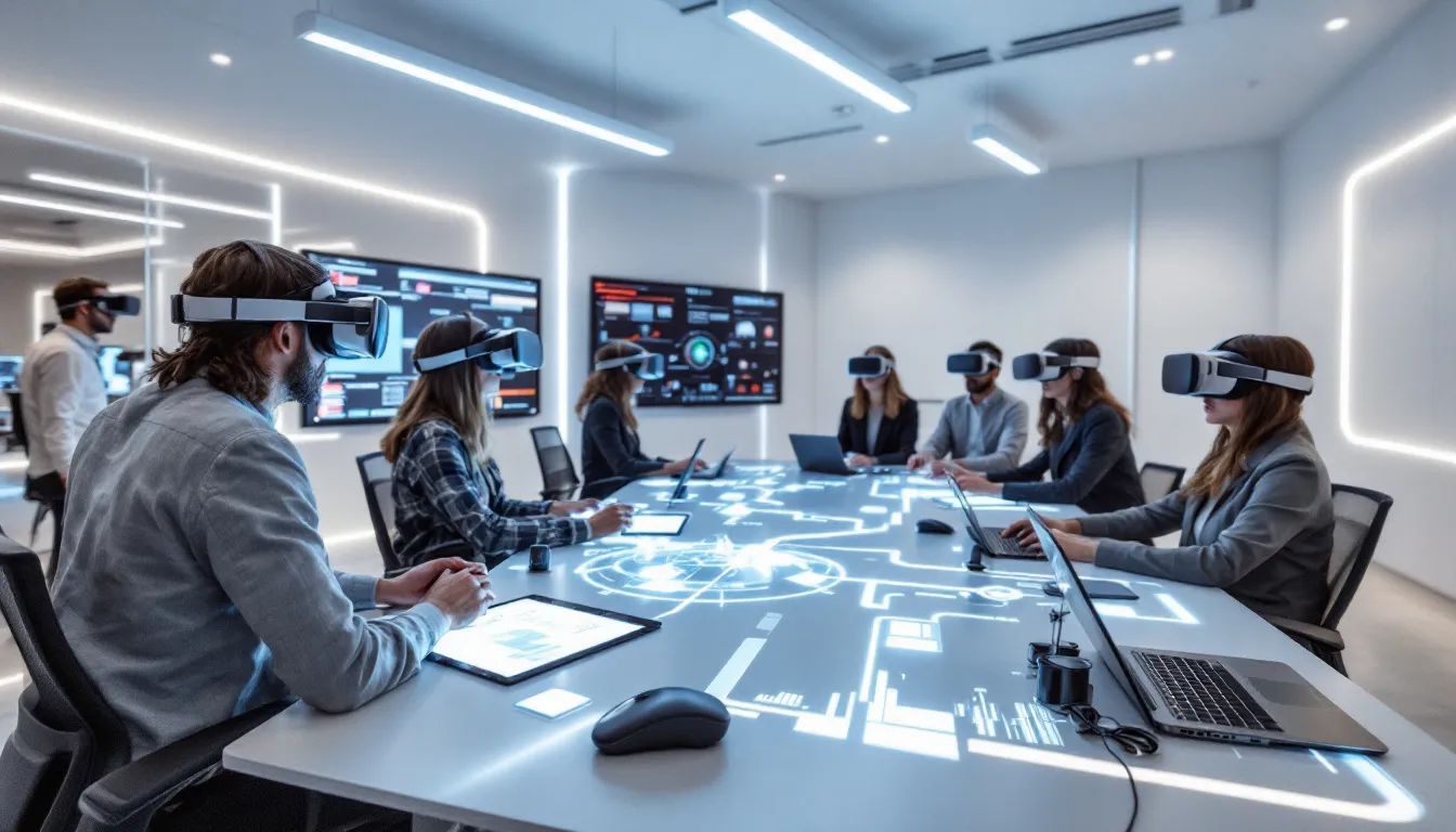 In a technology-enabled leadership training environment, participants engage in virtual reality and digital learning tools to enhance their leadership skills. This innovative approach supports professional development, encouraging new leaders and mid-level leaders to build effective leadership behaviors through immersive experiences and collaboration.