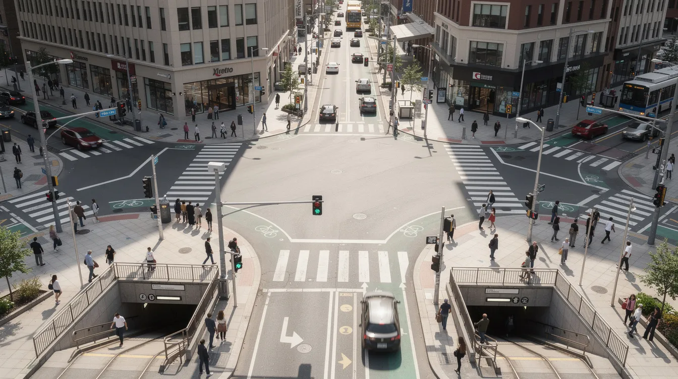 An aerial view of a busy urban intersection showcases pedestrians navigating the area, with entrances to major transit lines visible. The scene captures the vibrant atmosphere of downtown Toronto, where Bloor Street and Yonge Street converge, reflecting the city's dynamic lifestyle and access to unparalleled luxuries.