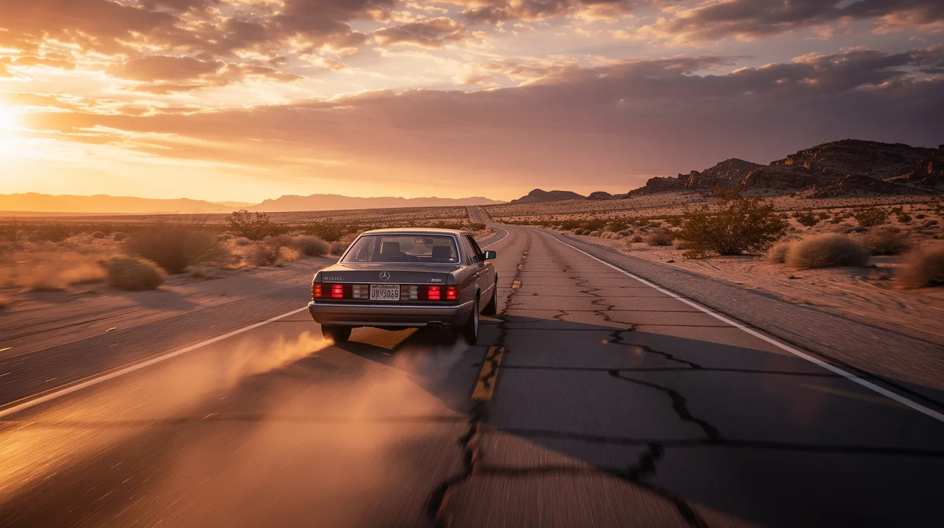 A private vehicle is driving along a winding desert road as the sun sets, casting warm hues of orange and pink across the sky. This serene scene captures the essence of traveling in Morocco, reminding travelers to consider their health and safety, including bringing necessary prescription medication and a basic first aid kit for their journey.
