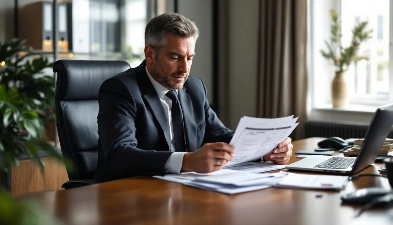 The image shows a hotel manager sitting at a desk, meticulously reviewing billing documents and credit card statements, likely to address chargeback disputes and ensure accurate payment and refund policies for hotel guests. The manager's focus on these documents suggests an effort to prevent hotel chargebacks and resolve any unauthorized transactions effectively.