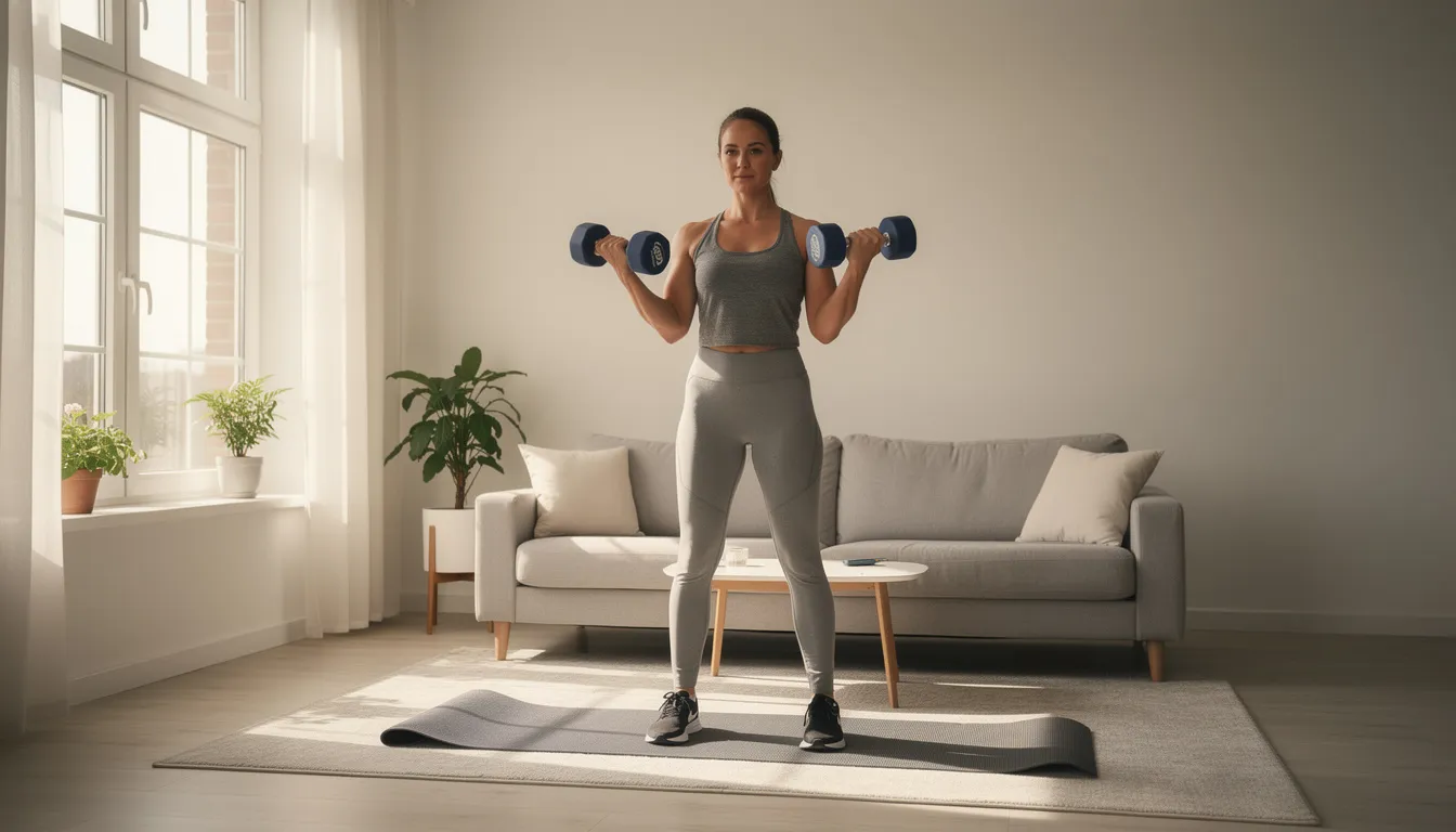 A person is exercising at home in a bright living room, using dumbbells as part of their workout routine. The natural light streaming through the window highlights their commitment to a healthy and fit lifestyle, reflecting the growing trend in the health, wellness, and fitness industry towards home workouts and online coaching.