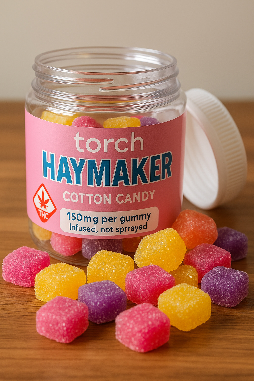 Torch Haymaker Gummies Cotton Candy flavor spilling from the jar with a THC warning label on a wooden table.