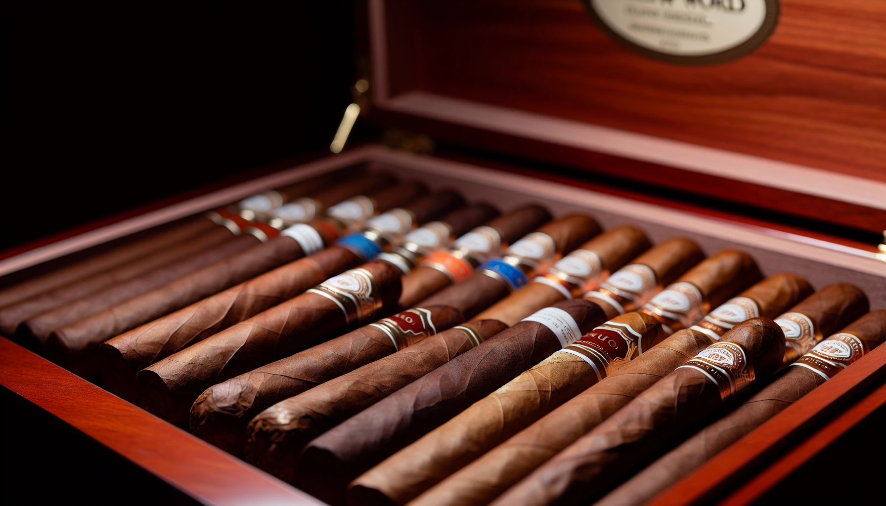 Various types of cigars displayed in a humidor