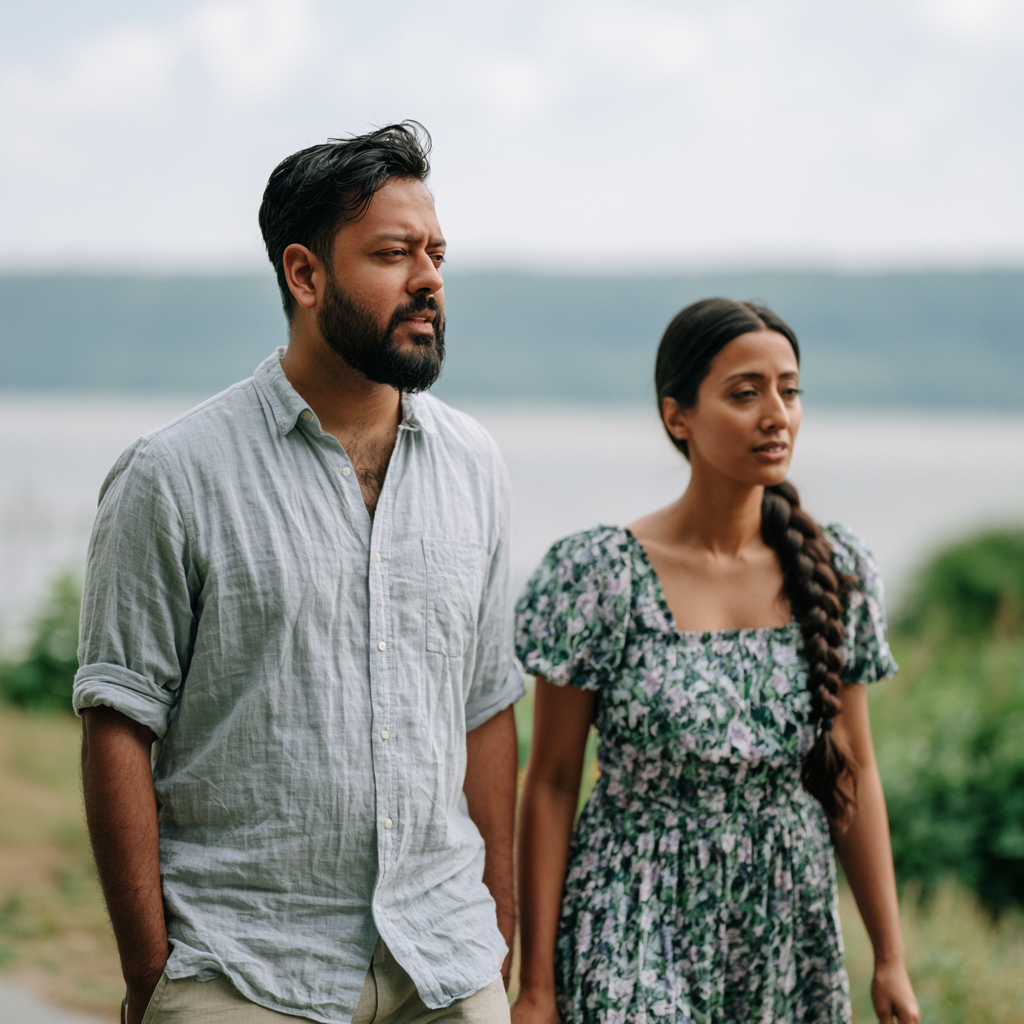 Couple walking a tree-lined path side by side, talking while looking ahead.