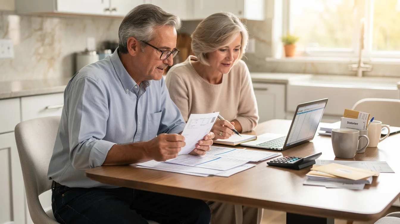A couple in their early 60s sits at a kitchen table, reviewing financial documents and discussing their retirement plan. They appear focused on their retirement savings and investment strategies, aiming to ensure financial security for their future.