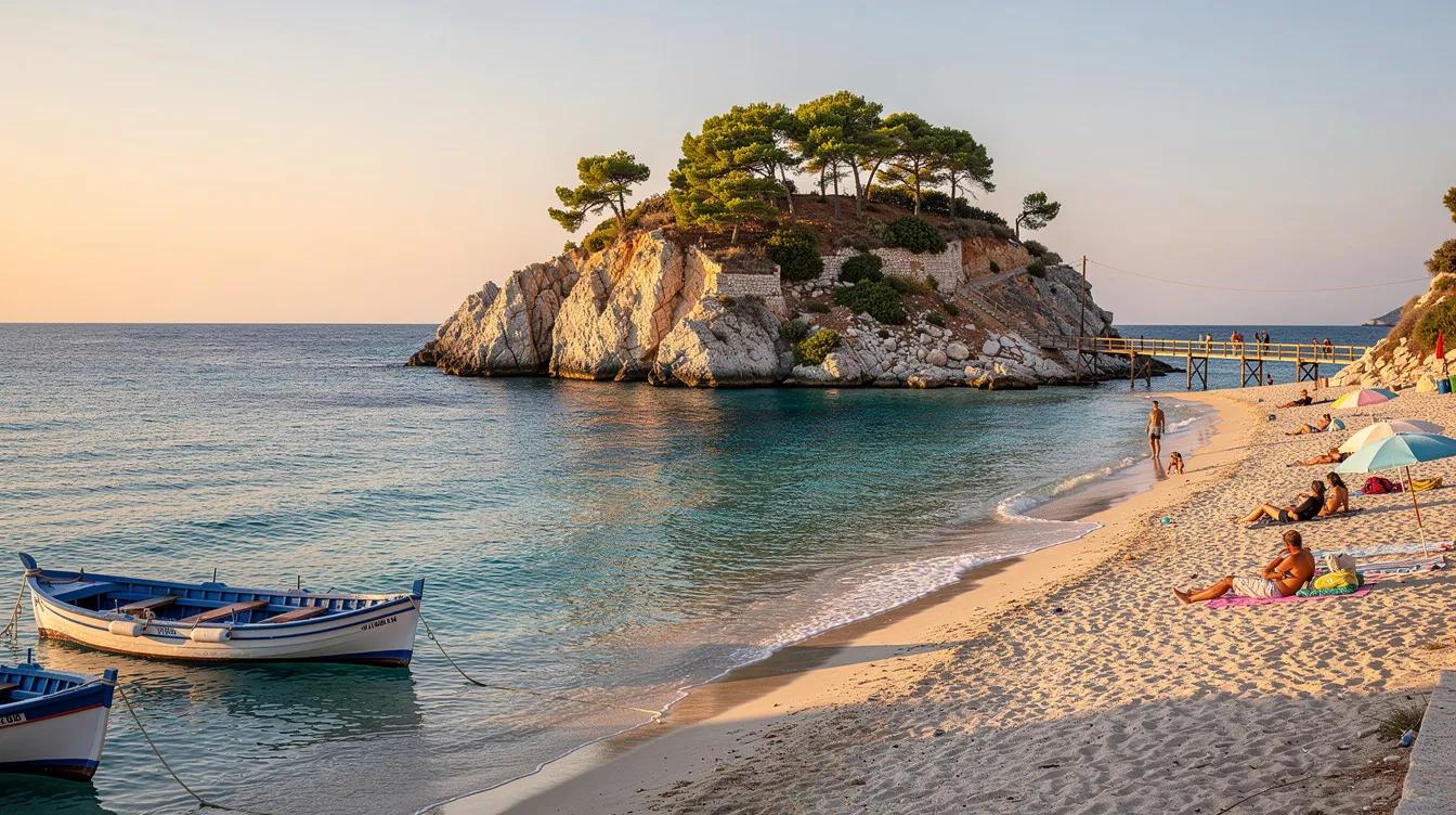 A imagem mostra a bela praia de Agios Sostis, na Grécia, com suas águas cristalinas e areia dourada, cercada por vegetação exuberante. Ao fundo, é possível ver algumas casas brancas típicas da arquitetura grega, criando um cenário idílico para viajantes que buscam relaxar em um dos destinos mais encantadores do mundo.