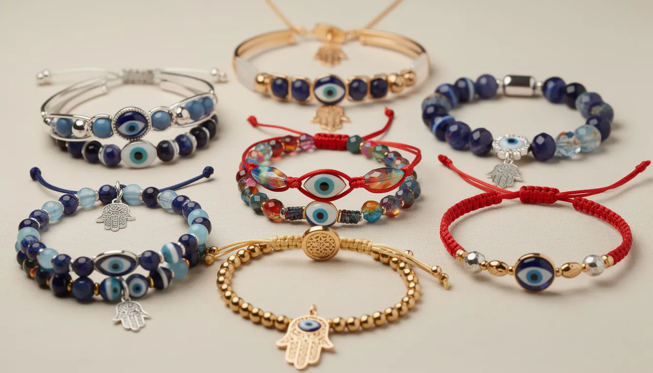 The image showcases a beautiful collection of evil eye bracelets and necklaces made from various materials such as silver, gold, and gemstones, each designed to offer unique protective qualities. Customers can discover these treasured pieces, often handmade and customizable, featuring charms like the Hamsa hand, perfect for adorning wrists and enhancing personal style.