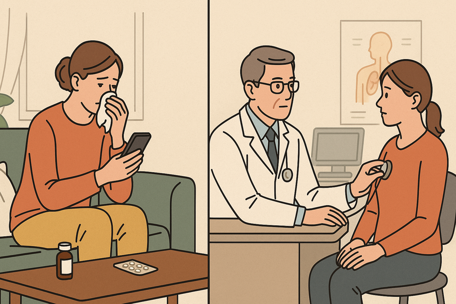 En kvinne er syk hjemme med medisiner, mens hun i legekontor får undersøkelse med stetoskop av lege.