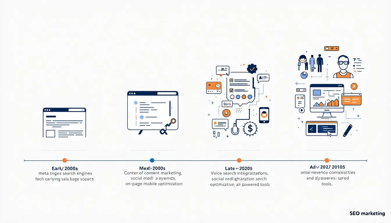 The image illustrates the evolution of SEO marketing sites, showcasing various elements such as search engine optimisation techniques, digital marketing campaigns, and the role of an SEO agency in enhancing online visibility. It highlights the progression from basic website traffic strategies to advanced SEO processes, including technical SEO audits and content marketing efforts aimed at driving organic traffic and improving search rankings.