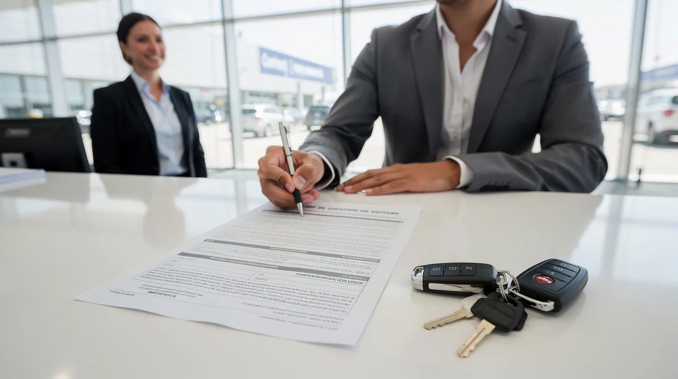 Une personne est en train de signer un contrat de location de voiture à un comptoir, avec des clés de voiture de location posées sur la table. Cette scène se déroule probablement dans une agence de location de voitures à Tanger, où les clients finalisent leur réservation pour un déplacement dans la ville.