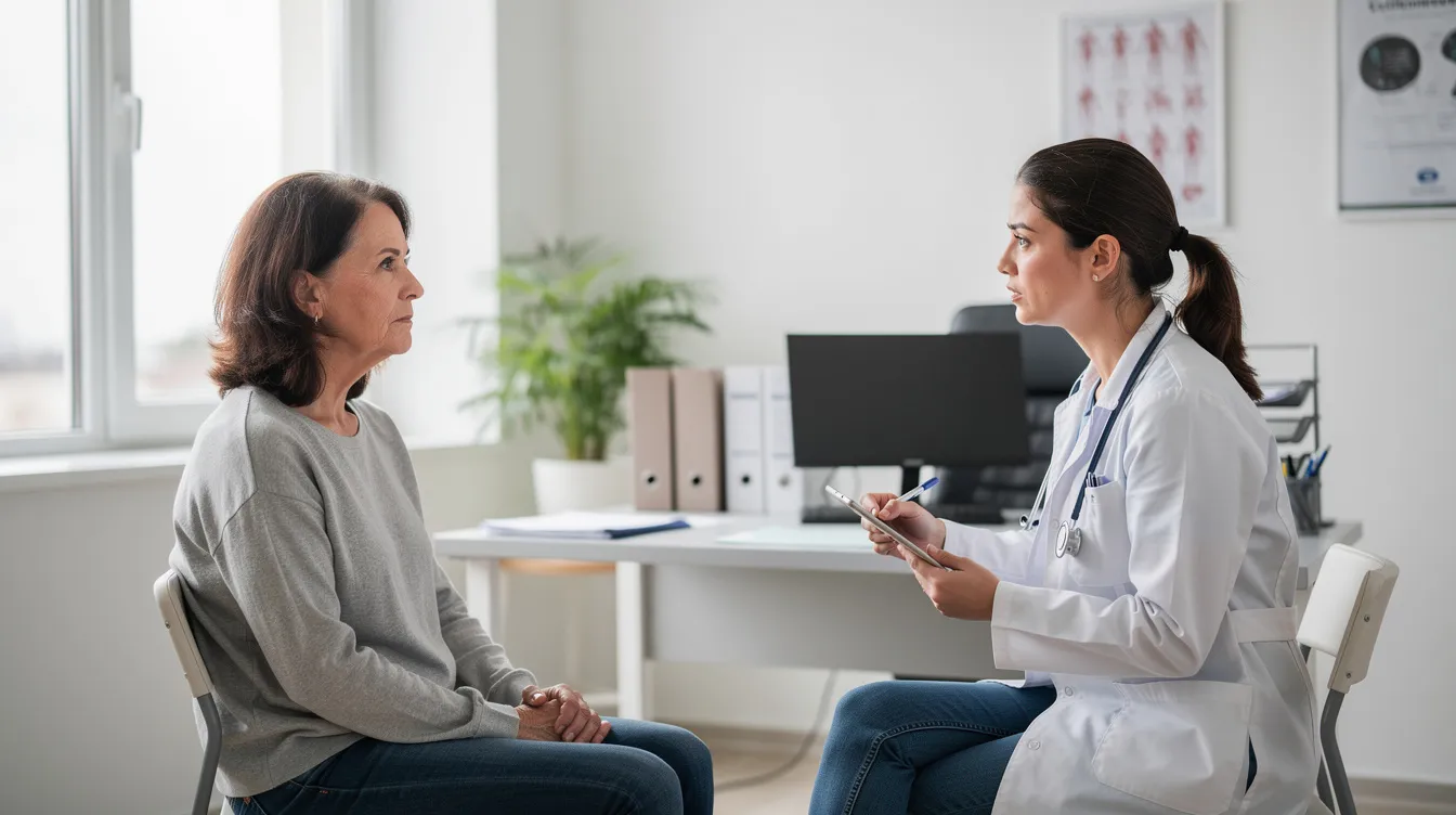 The image depicts a middle-aged woman engaged in a conversation with a female doctor in a bright medical office, discussing important aspects of sexual health, such as low libido and sexual satisfaction. The setting suggests a supportive environment for addressing sexual concerns and improving overall sexual function.