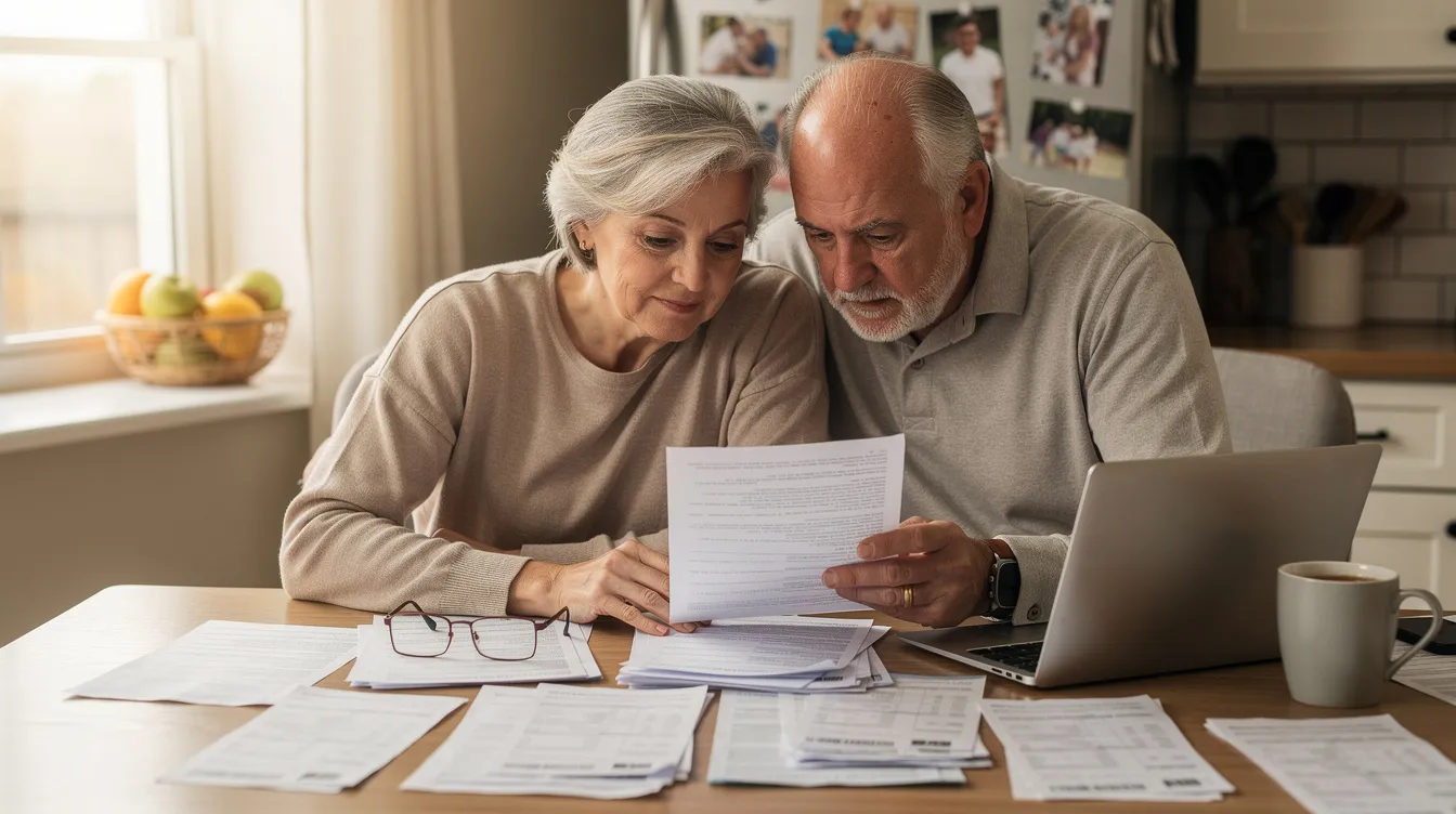 A retired couple sits at their kitchen table, carefully reviewing financial documents related to their retirement plan, including details about their inherited annuity and potential tax implications. The scene conveys a sense of collaboration and concern for their financial future as they navigate the complexities of annuity payments and tax liability.