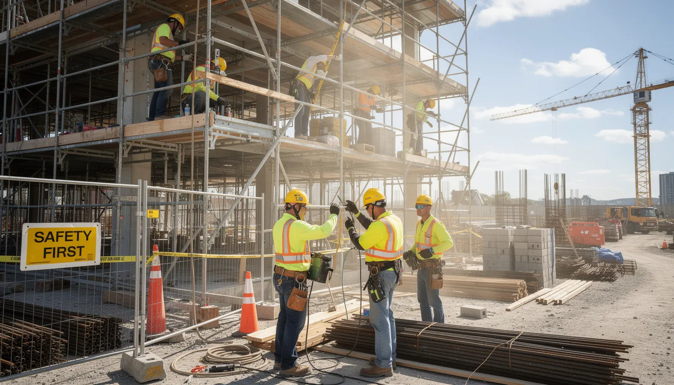 The image shows construction workers on a job site surrounded by scaffolding, wearing safety helmets and harnesses, emphasizing the importance of workplace safety. This scene highlights the need for workers compensation benefits in case of job-related injuries, ensuring that injured workers can seek medical treatment and file a workers compensation claim if necessary.