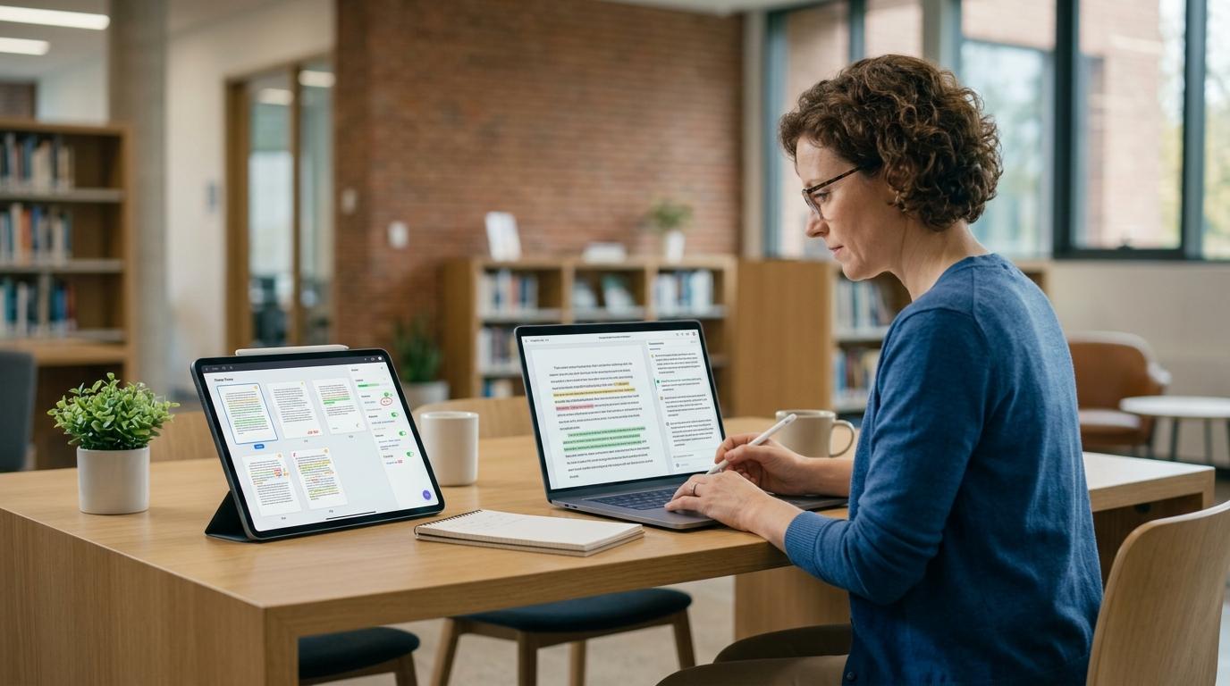 Modern academic workspace featuring AI-assisted grading across various written assignments alongside a teacher carefully reviewing essay feedback.